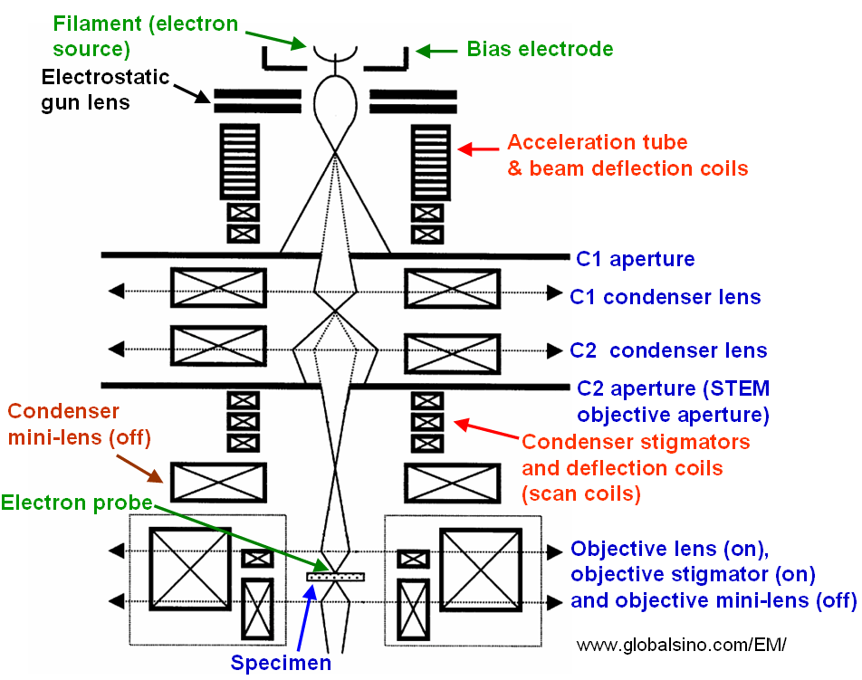 Schematic illustration of the probe-forming electron optics in STEM mode in JEOL JEM-2010F TEMs
