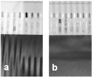 TEM images of NAND flash sample by the conventional method (a) and backside milling method (b)