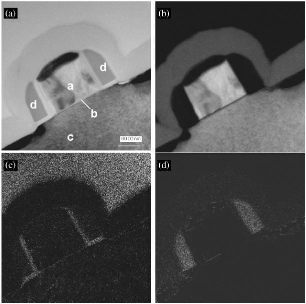 TEM bright field image and ELNES Si maps of the MOSFET structure: (a) TEM bright field image; (b) Si map; (c) Si map in SiO2; (d) Si map in Si3N4