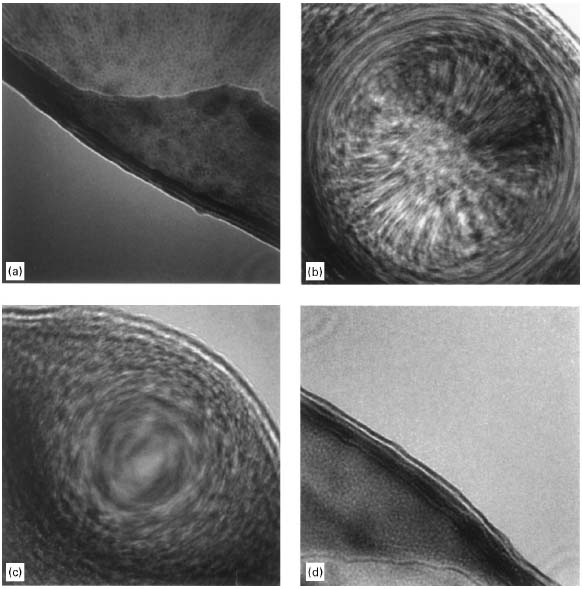 Ronchigrams of a thin amorphous carbon (C) film at: (a) Large underfocus, (b) Small underfocus, (c) Gaussian focus, and (d) Overfocus. 
