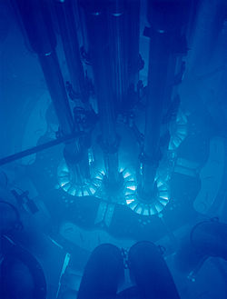 Cherenkov radiation glowing in the core of the Advanced Test Reactor at the Idaho National Laboratory.
