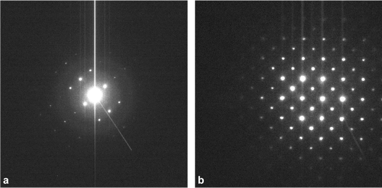 Parasitic artifacts in electron diffraction patterns: (a) Si [112], and (b) SrTiO3 [001]