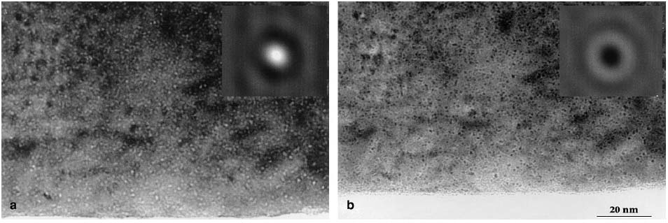 TEM images of 1-nm He (helium) bubbles in palladium tritides: (a) Underfocus and (b) Overfocus