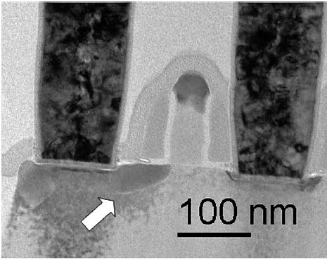 TEM bright field image of a Ni encroachment (as indicated by the arrow) in an S-RAM cell
