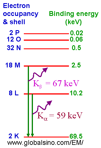 Energy level-diagram of the electrons and characteristic X-ray emission of a tungsten atom