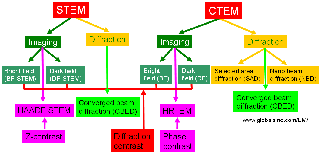 Comparison of the main contrasts in both CTEM and STEM modes