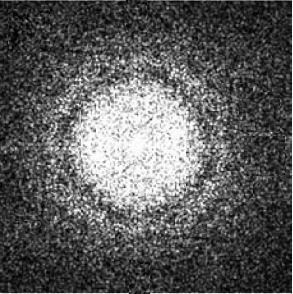 two Fourier transform patterns obtained from HRTEM images on amorphous carbon films at 0.5 Scherzer defocus and at Scherzer defocus