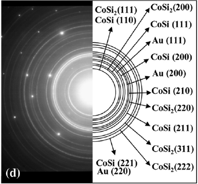 Indexed SAED patterns of 360 °C annealed Co(23 nm)/Au(4 nm)/(001) Si samples
