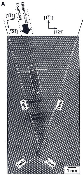 HRTEM image showing five intersecting grain boundaries in FCC gold crystals