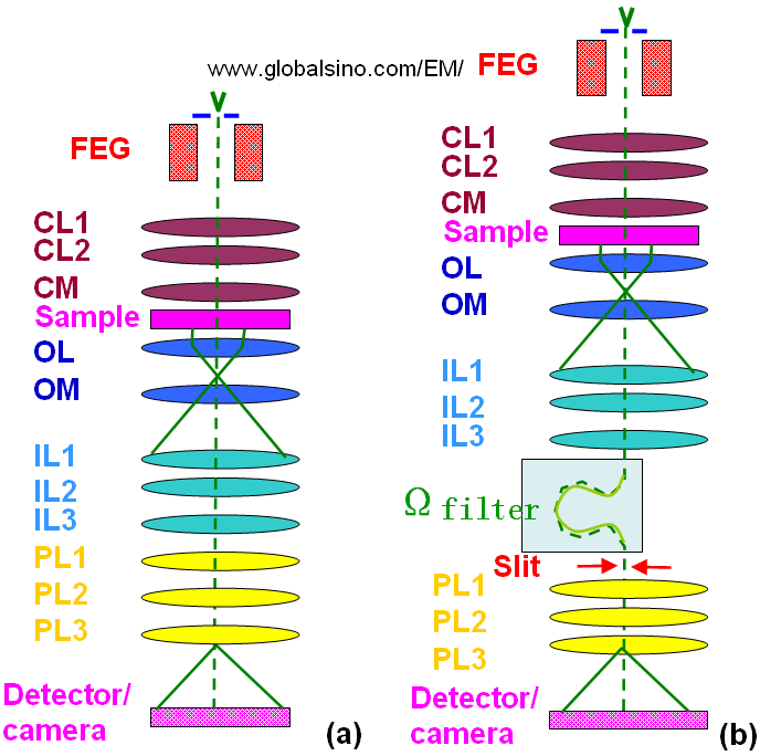 Schematic illustration of conventional TEM (a) and a typical omega-filter (b)