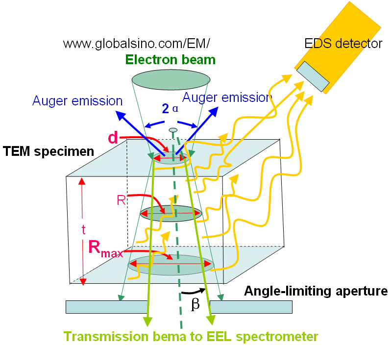 schematic illustration of broadening of electron beam within a thin specimen and generation of EDS, EELS and AES signals