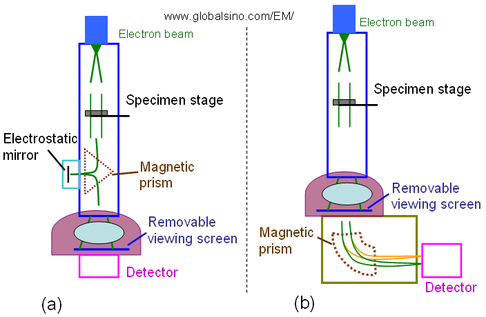 Schematic comparison between the Zeiss Ω filter (a) and the typical Gatan filter (b) for energy selected imaging (ESI) in TEM columns