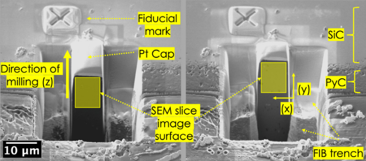 SEM image displaying the top view of the ROI (Region of Interest). The top fiducial marker is utilized for real-time drift correction in FIB images, while the bottom cross and circular markers are used to align SEM images externally from the dual FIB/SEM system