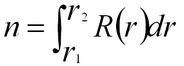 average number (n) of atoms located between r1 and r2