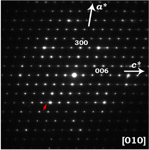 Selected area electron diffraction (SAED) pattern of an Bi12.8Co0.2Mo5O34±δ crystal taken along [100] zone axis