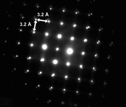 Electron diffraction pattern obtained from [001] Ag0.95Pb15SbTe17 (space group: Fm-3m) with splitting of electron reflections