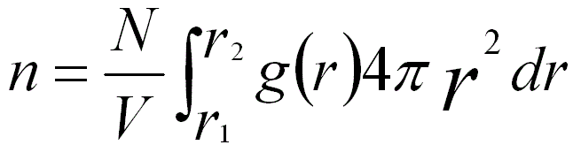 average number (n) of atoms located between r1 and r2