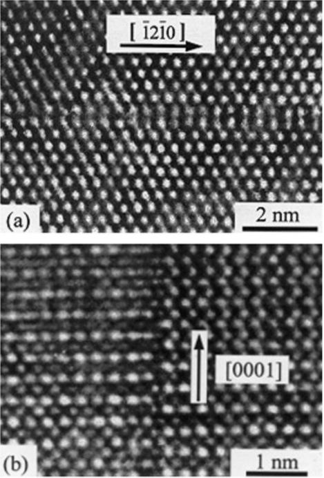 Stacking faults viewed along (a) [0001] and (b) [-12-10] directions of DySi2-x