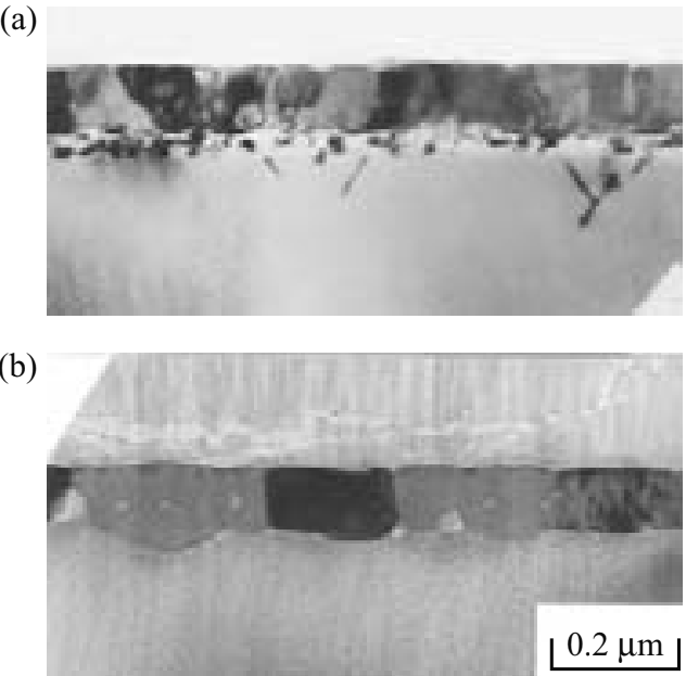 removal of end-of-range defects by CoSi2 formation in BF+2-implanted (001)Si for samples annealed at: (a) 700°C and (b) 800°C
