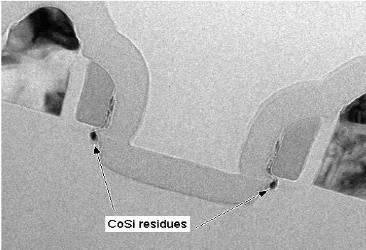 The dotted red lines indicate the horizontal leakage path along the WL poly. The red arrow highlights the failing contact. The black-lined box marks the position of the thick lamella, and the dotted line outlines the location of the thin lamella