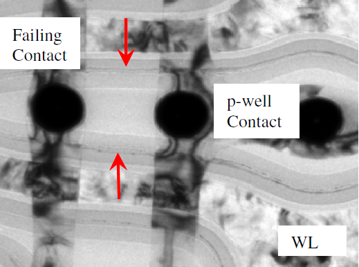 The dotted red lines indicate the horizontal leakage path along the WL poly. The red arrow highlights the failing contact. The black-lined box marks the position of the thick lamella, and the dotted line outlines the location of the thin lamella