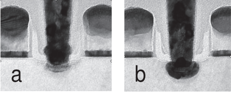 Semi-log plots of Id and Is versus Vg for the defective pull-down transistor and a reference pull-down transistor in a functional bitcell, measured in linear mode (Vd = 0.05V) and saturation mode (Vd = 1.0V), respectively