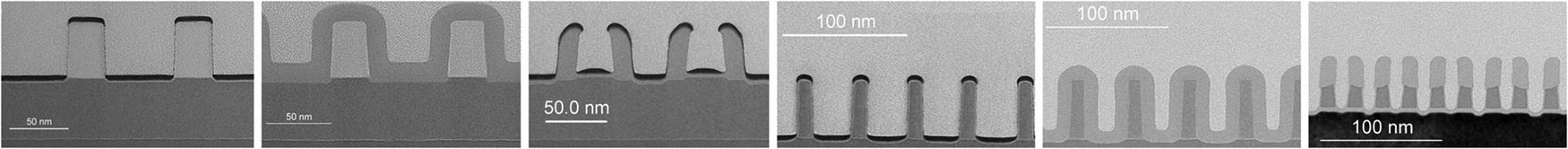 Transmission electron microscopy (TEM) images showing the stages of SAQP, from left to right: initial patterning of the first core onto a mandrel; SiO2 deposition by ALD; etching of the first spacers; etching of the mandrel to create the second core; additional SiO2 deposition by ALD; and final etching of the second spacers and silicon nitride pad