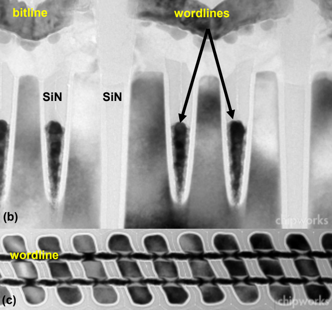 TEM images of W/TiN buried wordlines in Elpida 33-nm DRAM