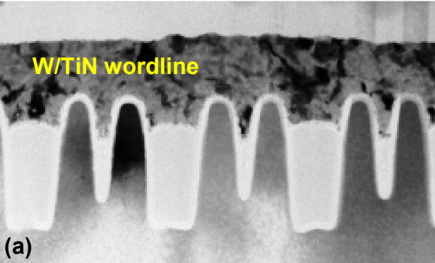 TEM images of W/TiN buried wordlines in Elpida 33-nm DRAM