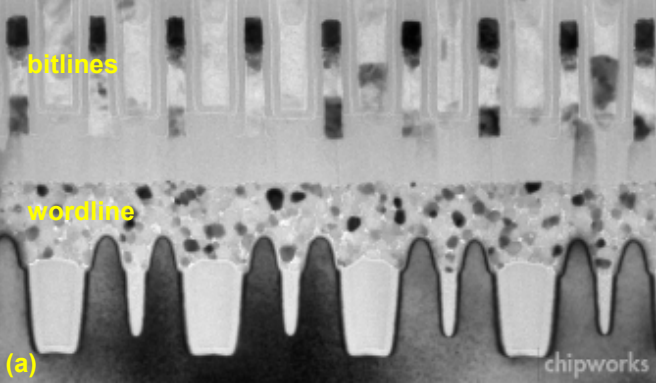 TEM images of W/TiN buried wordlines in Elpida 33-nm DRAM